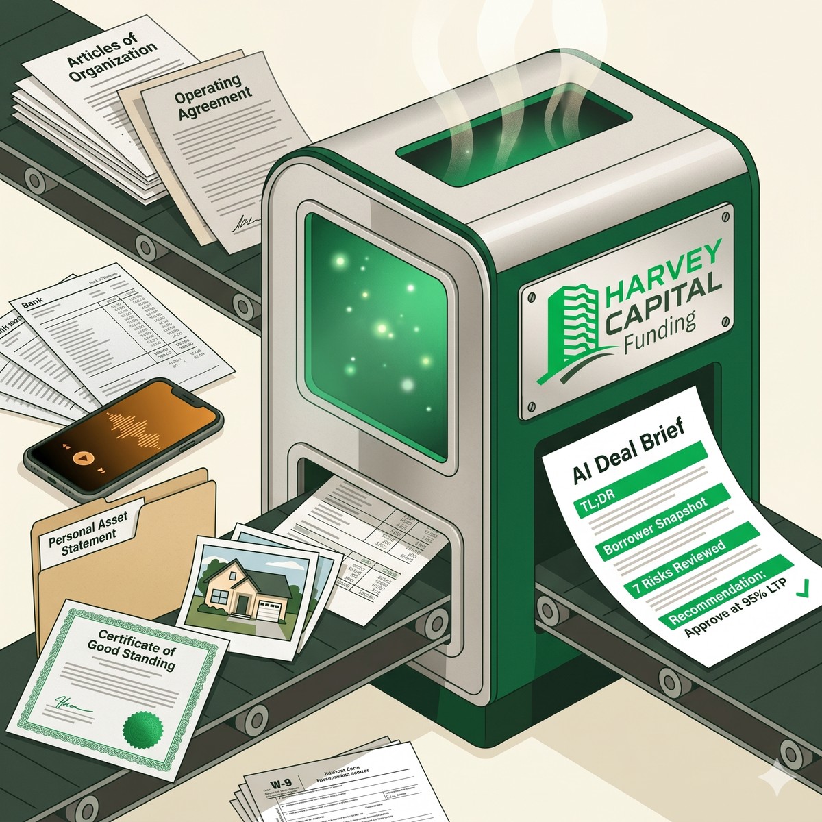 Illustration of HCF's AI underwriting pipeline — borrower documents, bank statements, call transcript, and property photos feed into a green-glowing Harvey Capital Funding machine; a structured AI Deal Brief emerges on the other side